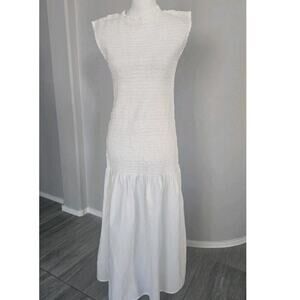 Par & Escala Smocked Poplin Dropped Waist Emma White Minimalist Dress Sz L
